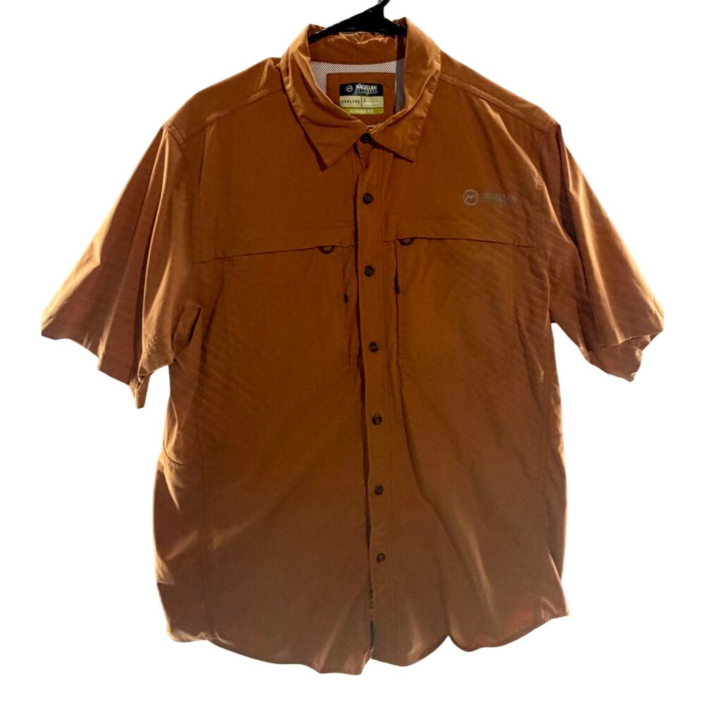 MAGELLAN OUTDOORS PRO Fishing Hiking button up short sleeve Rust Sz L Shirt